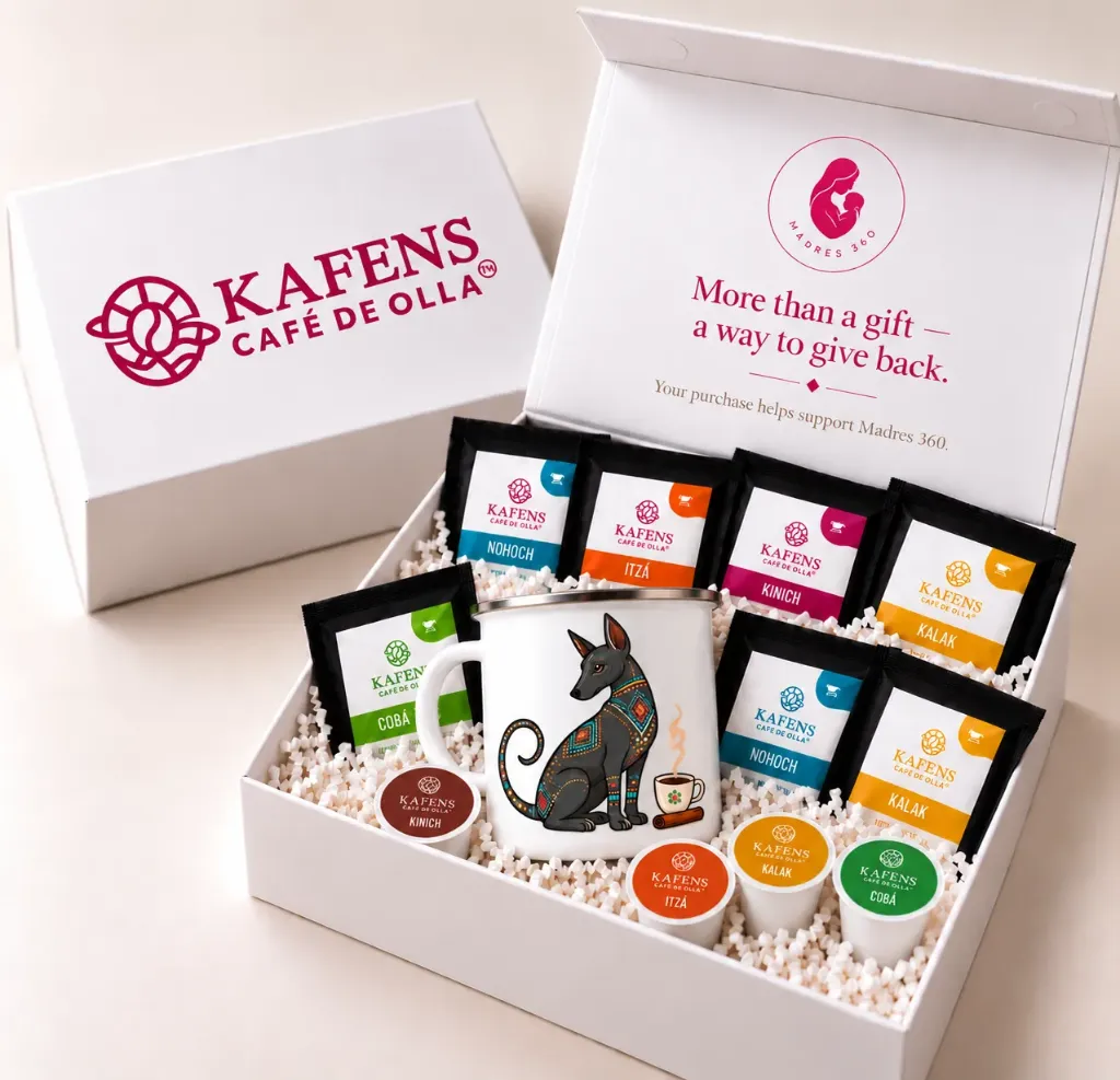 [Each Gift Box Includes:  - **1 collectible KAFENS 12 oz enamel mug** with a silver rim, featuring your selected animal design. - **5 individually wrapped café de olla pour-over servings:** NOHOCH, ITZÁ, KALAK, and COBÁ. - **5 individually wrapped café de olla steeping bags (teabag style):** NOHOCH, ITZÁ, KALAK, and COBÁ. - **4 café de olla K-Cup pods.** - **4 exclusive KAFENS stickers.** - **An elegant gift box** with decorative paper filling and a special Madres 360 message inside the lid.  **Please Note:** Coffee flavor assortment may vary based on availability. Total quantity and product formats remain as described.] The Creative Gift Box - Pre order