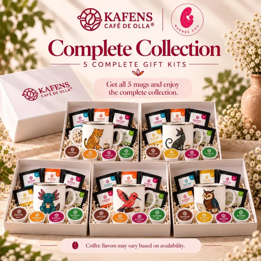 [Each gift box includes an exclusive KAFENS mug, a curated selection of Café de Olla Pour-Over and Tea Bags, collectible stickers and a beautiful gift-ready presentation.] Kafens Collection