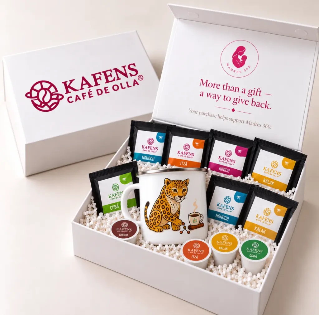 [Each Gift Box Includes:  - **1 collectible KAFENS 12 oz enamel mug** with a silver rim, featuring your selected animal design. - **5 individually wrapped café de olla pour-over servings:** NOHOCH, ITZÁ, KALAK, and COBÁ. - **5 individually wrapped café de olla steeping bags (teabag style):** NOHOCH, ITZÁ, KALAK, and COBÁ. - **4 café de olla K-Cup pods.** - **4 exclusive KAFENS stickers.** - **An elegant gift box** with decorative paper filling and a special Madres 360 message inside the lid.  **Please Note:** Coffee flavor assortment may vary based on availability. Total quantity and product formats remain as described.] The Leader Gift Box - Pre order