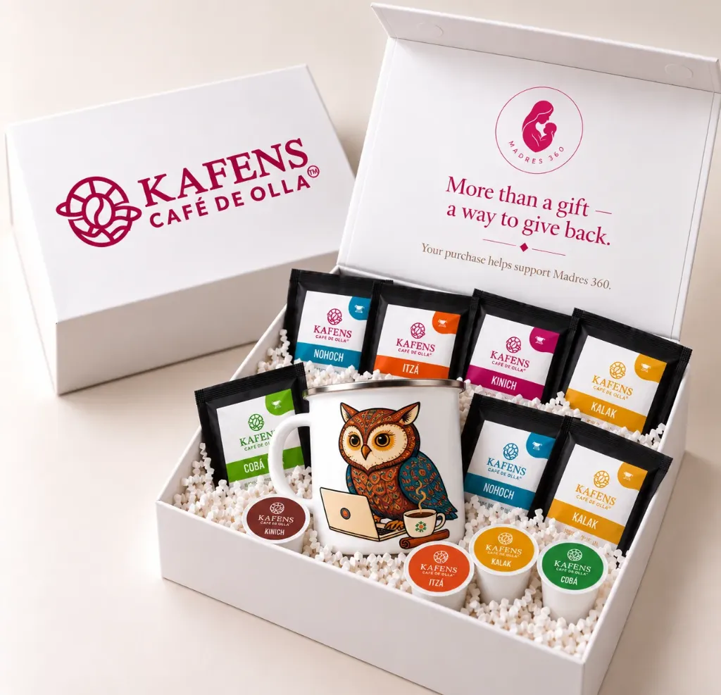 [Each Gift Box Includes:  - **1 collectible KAFENS 12 oz enamel mug** with a silver rim, featuring your selected animal design. - **5 individually wrapped café de olla pour-over servings:** NOHOCH, ITZÁ, KALAK, and COBÁ. - **5 individually wrapped café de olla steeping bags (teabag style):** NOHOCH, ITZÁ, KALAK, and COBÁ. - **4 café de olla K-Cup pods.** - **4 exclusive KAFENS stickers.** - **An elegant gift box** with decorative paper filling and a special Madres 360 message inside the lid.  **Please Note:** Coffee flavor assortment may vary based on availability. Total quantity and product formats remain as described.] The Strategist Gift Box - Pre order